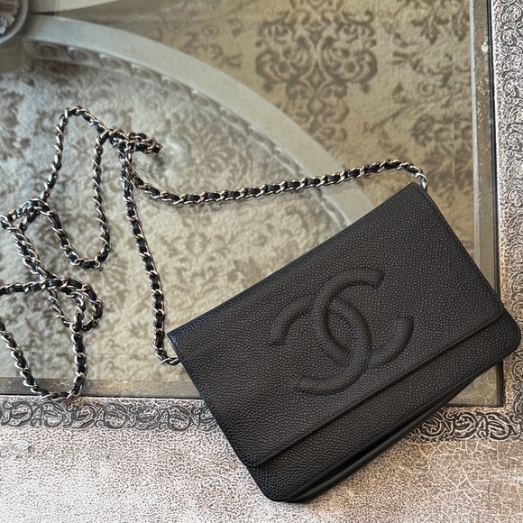 CHANEL Handbags - Chanel Black Caviar Leather Wallet on Chain